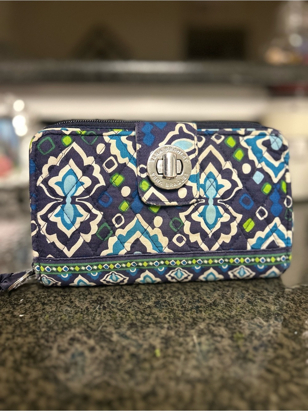 Vera Bradley Navy Quilted Geometric Turnlock Wallet with Aqua & Lime Accents